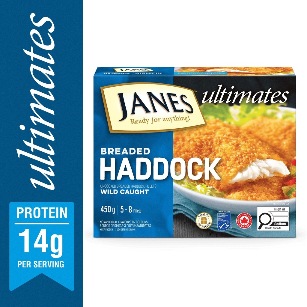 Filets d’aiglefin panés ultimes Janes®, 450 g, filets d’aiglefin panés et congelés. Contient : Poisson. Les filets d’aiglefin panés ultimes Janes®