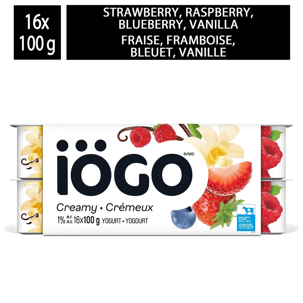 iÖGO iOGO Fraise, Framboise, Bleuet, Vanille Coupes de Yogourt 1.5 %, 16x100g