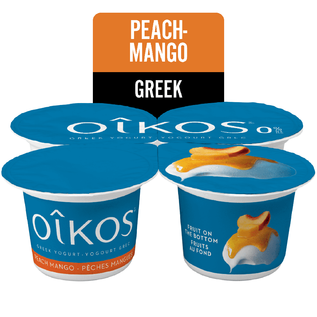 Oikos Yogourt Grec, Pêche-Mangue, Fruits au Fond, 0 % M.g., 4x100g
