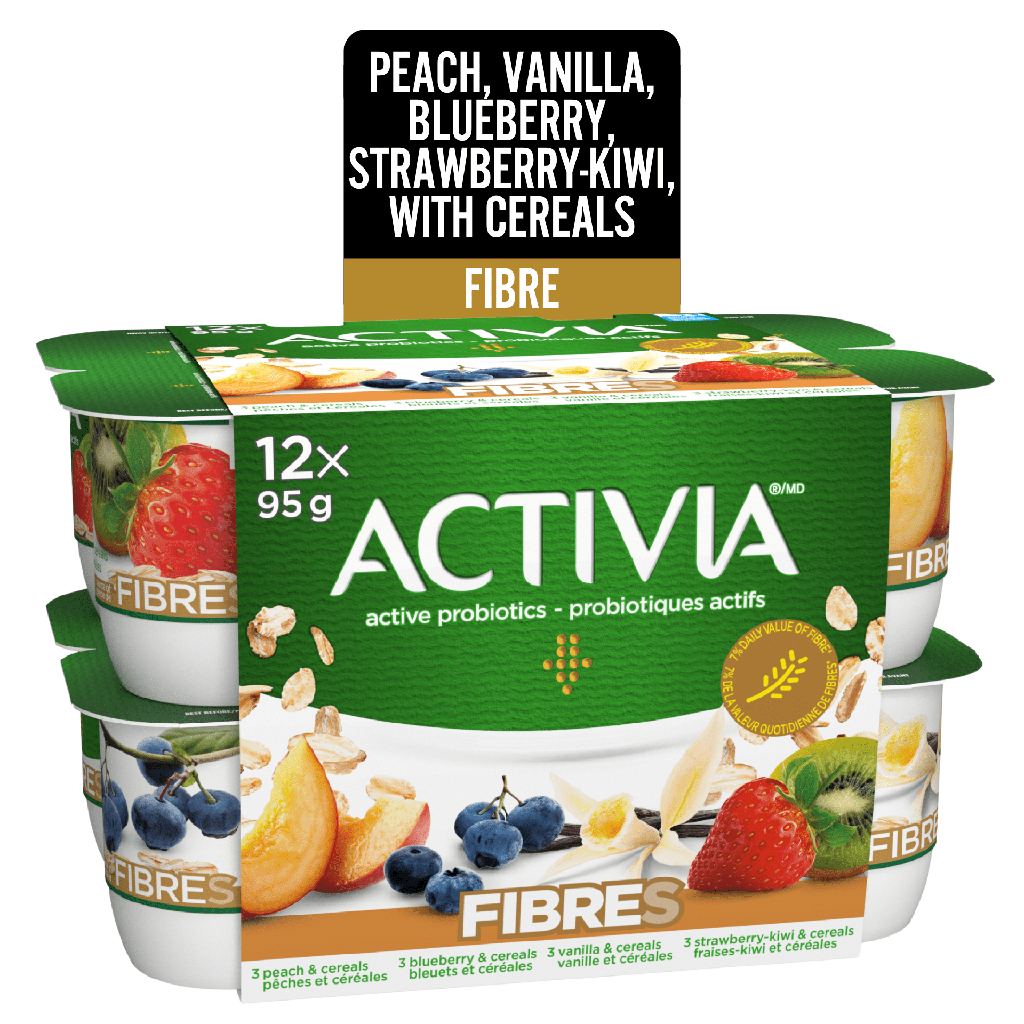 Activia Yogourt Probiotique, Fibres, Pêche/bleuet/vanille/fraise-Kiwi, 12x95g