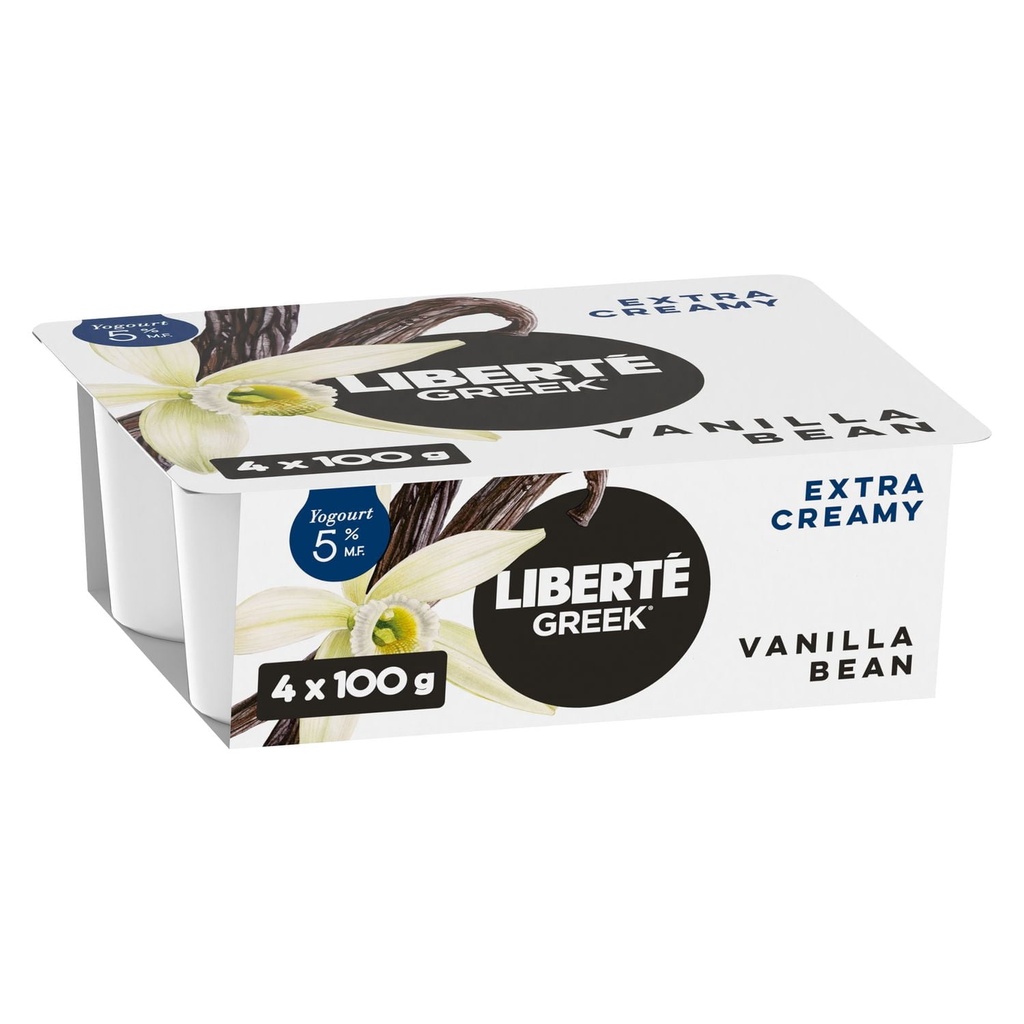 Liberté Liberte Grec 5 % Yogourt Extra Crémeux, Gousse de Vanille, Riche en Protéines, 4x100g