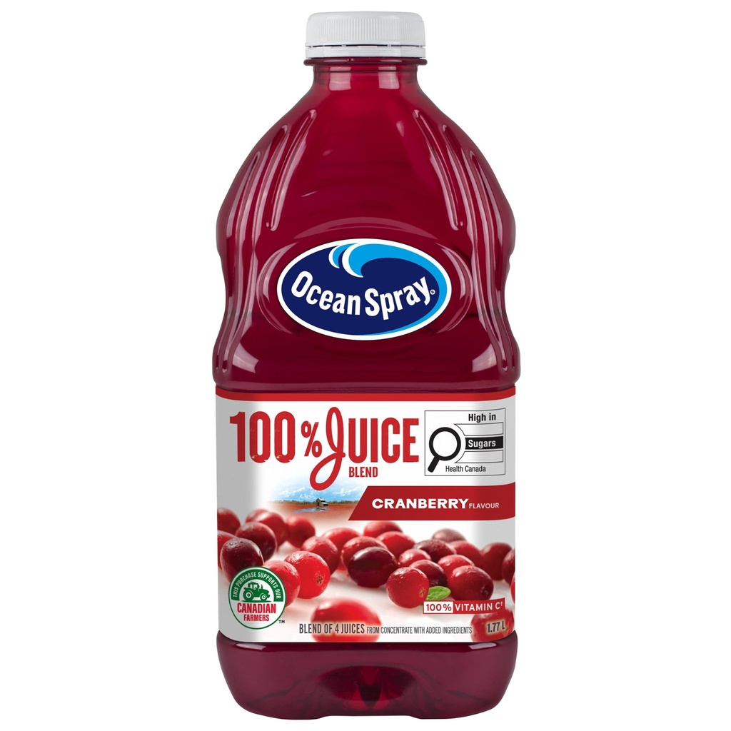 Ocean Spray Mélange de Jus 100 % Canneberge 1.77L. Contiennent 100 % de jus de fruits. 100% Vitamine C. Sans sucre ajouté. Pas d'arômes artificiels ni de conservateurs.