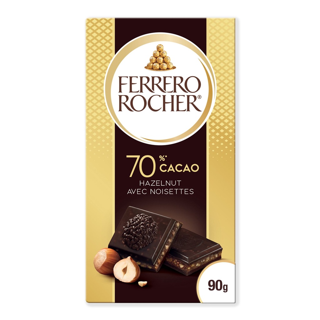 FERRERO ROCHER tablette de chocolat de qualité supérieure, 70% cacao chocolat noir avec noisettes, 90g