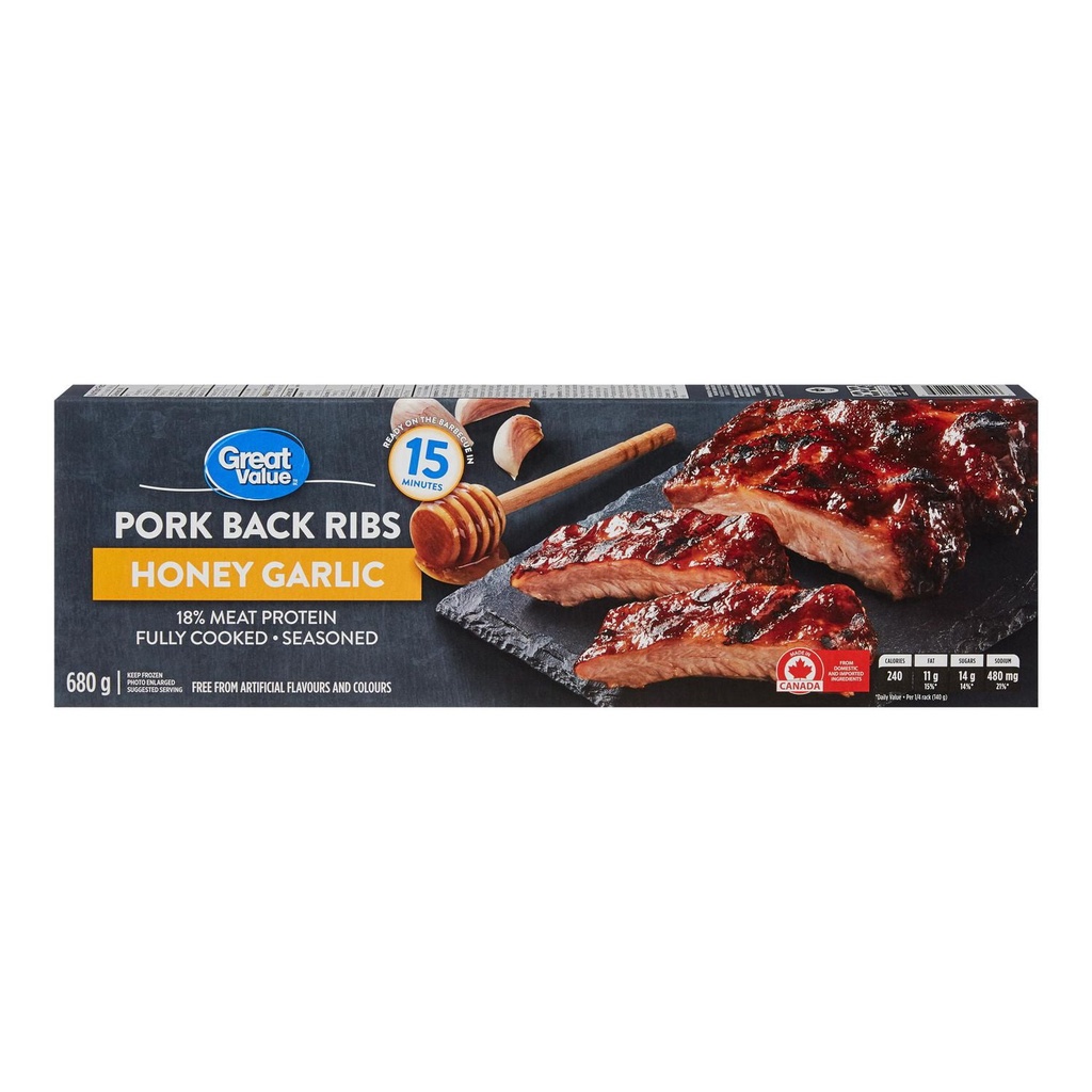 Côtes de dos de porc miel et ail congelées Great Value, 680 g 680g