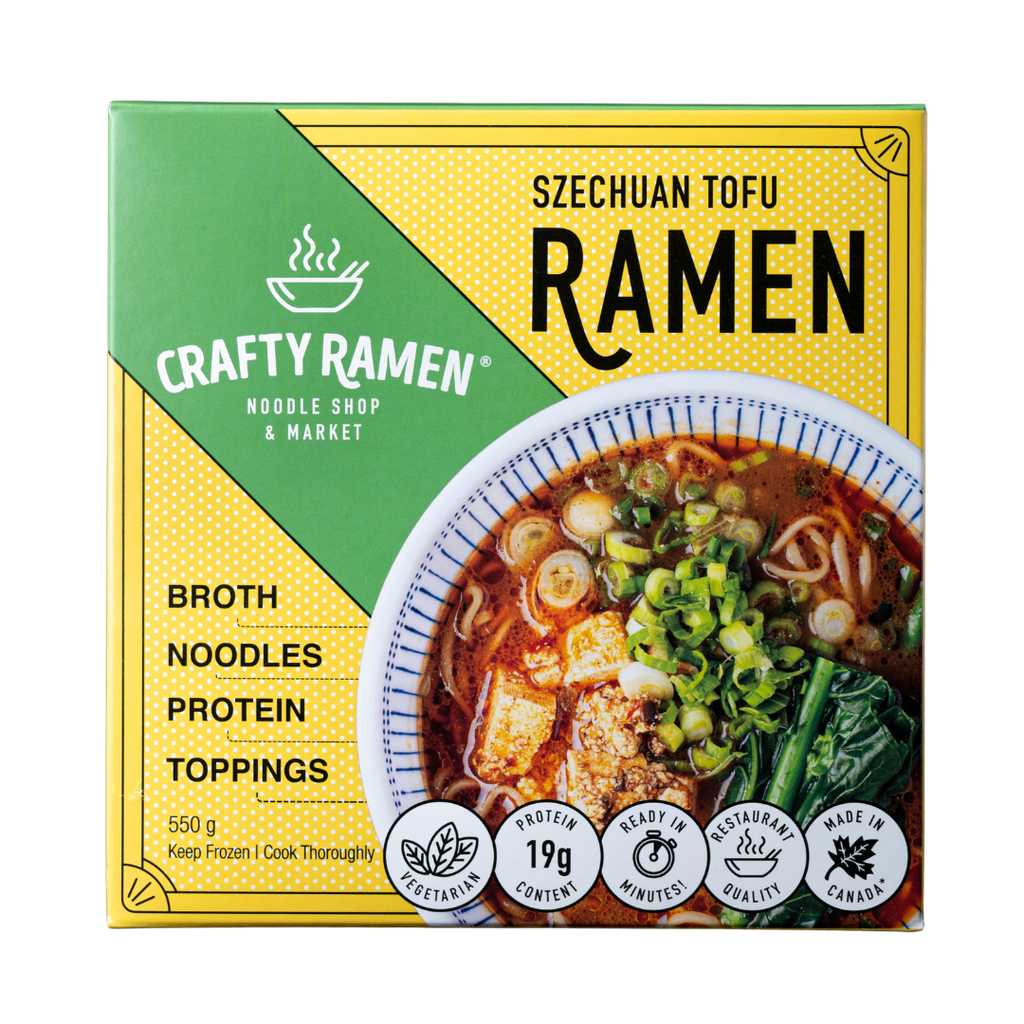 Crafty Ramen Ramen au tofu du Sichuan Ramen congelé de qualité restaurant - 550g, 19g de protéines par portion. Comprend: bouillon, nouilles, protéine, garnitures. Prêt en quelques minutes.