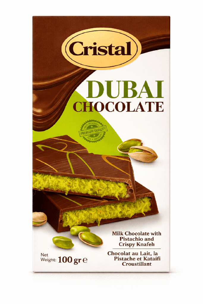 CRISTAL CHOCOLAT DUBAÏ CRISTAL DUBAI CHOCOLATE Chocolat au Lait avec Crème de Pistache – Contient du Lait et des Fruits à Coque – 100 Gr