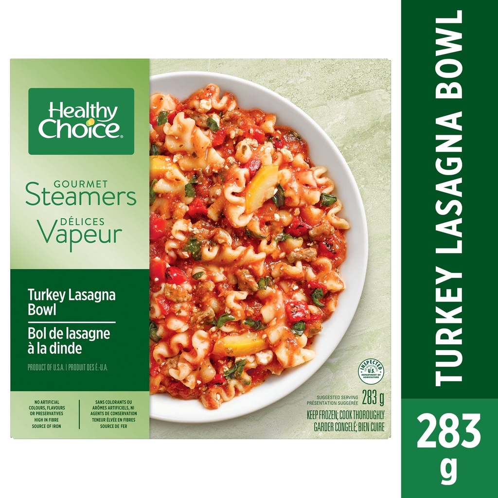 Bol de lasagne à la dinde Healthy Choice Gourmet Steamers dîner glacé, Comprend cuit émietté, cuites, fromage et sauce marinara, Teneur élevée, Fibres source de fer Bol de Lasagne a la Dinde repas surgelé, 283g