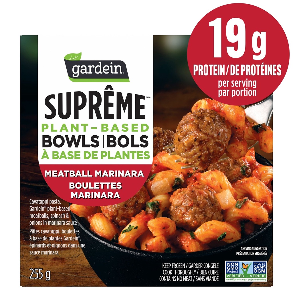 Gardein Suprême Bols à Base de Plantes Boulettes Marinara Bol Repas Surgelé, Pâtes Cavatappi avec Boulettes à Base de Plantes, Épinards et Oignons dans une Sauce Marinara, 19 g Protéines Repas surgelé, 255g