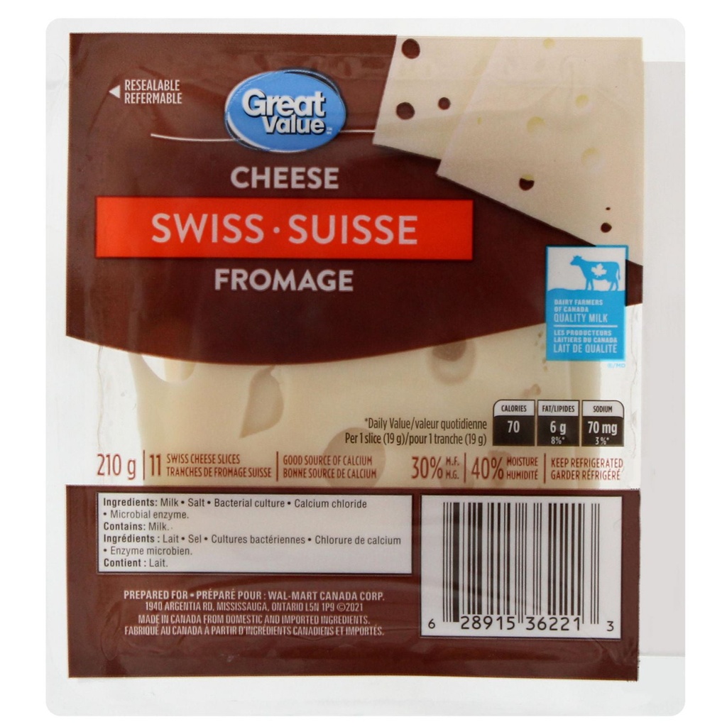 Tranches de fromage suisse Great Value