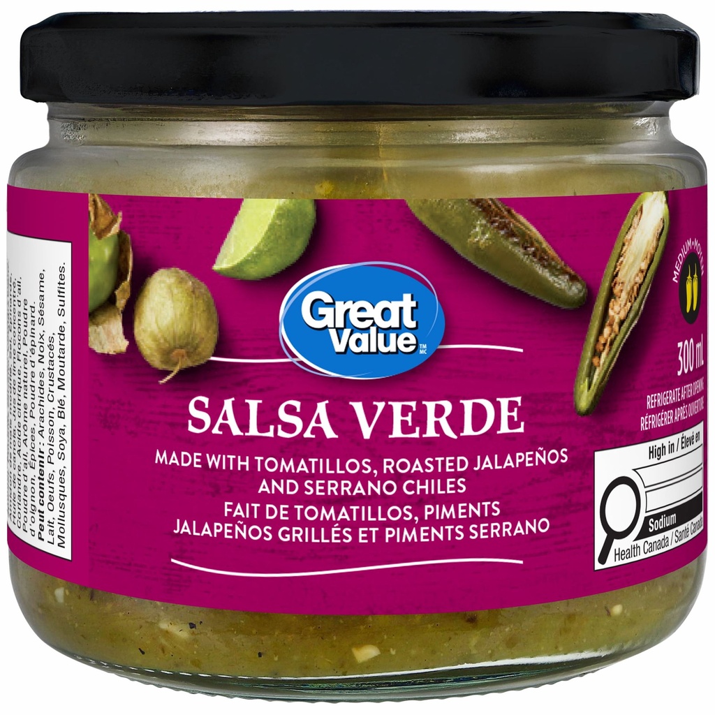 Great Value Salsa Verde - Inspirée du Mexique - Faite avec des tomatillos, des jalapeños Grillés et des Piments serrano