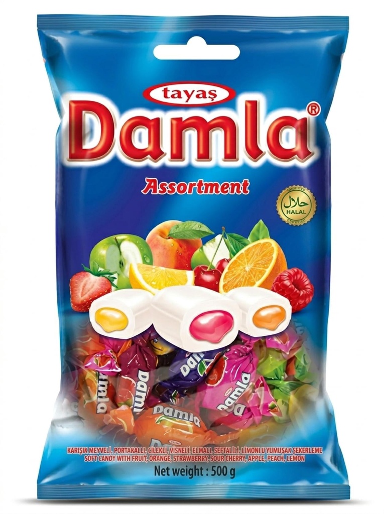 DAMLA Bonbons tendres Damla Soft Candy Assorted Fruit Halal 500g – Bonbons mous aux fruits halal, peut  saveurs sucrées et acidulées.