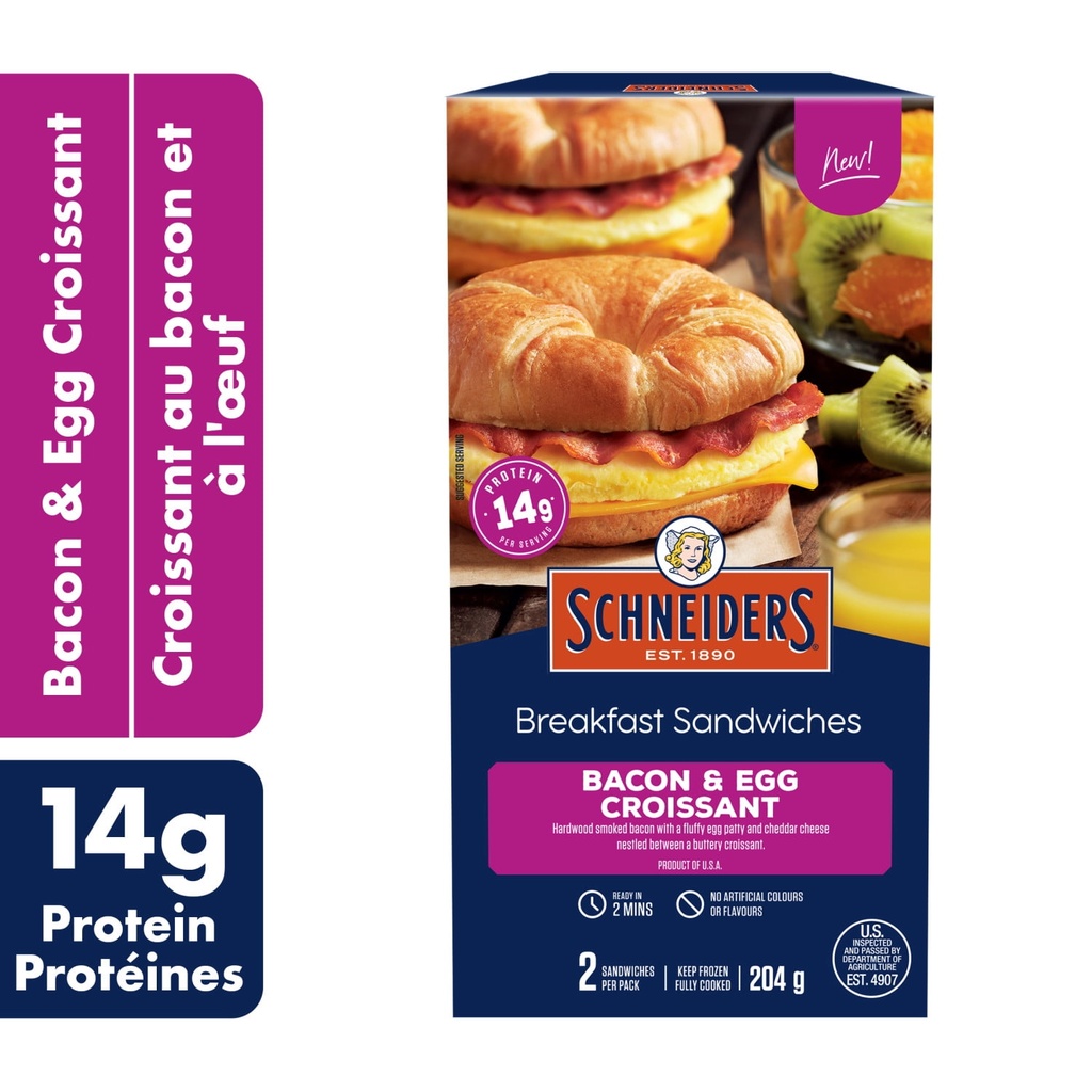 Schneider‘s Sandwichs déjeuner Croissant au bacon et à l'œuf, 2 par paquet Schneiders 204 g