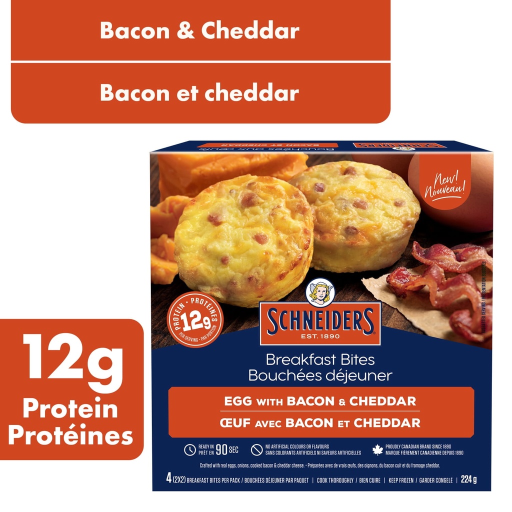 Schneider‘s Bouchées déjeuner aux œufs avec bacon et cheddar Schneiders, 4 par paquet 224 g