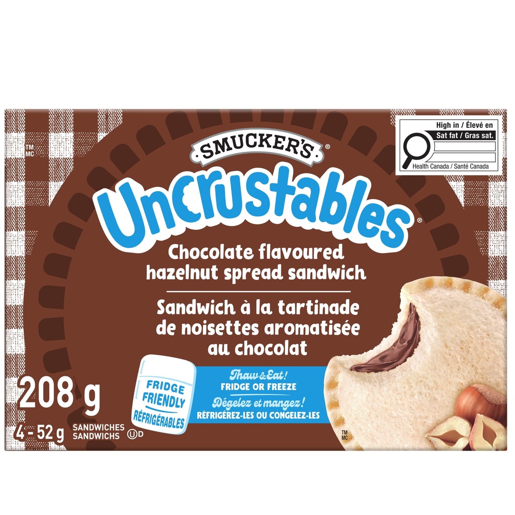 Smucker's Uncrustables Sandwich à la Tartinade de Noisettes Aromatisée au Chocolat, Congelé 4 x 52g