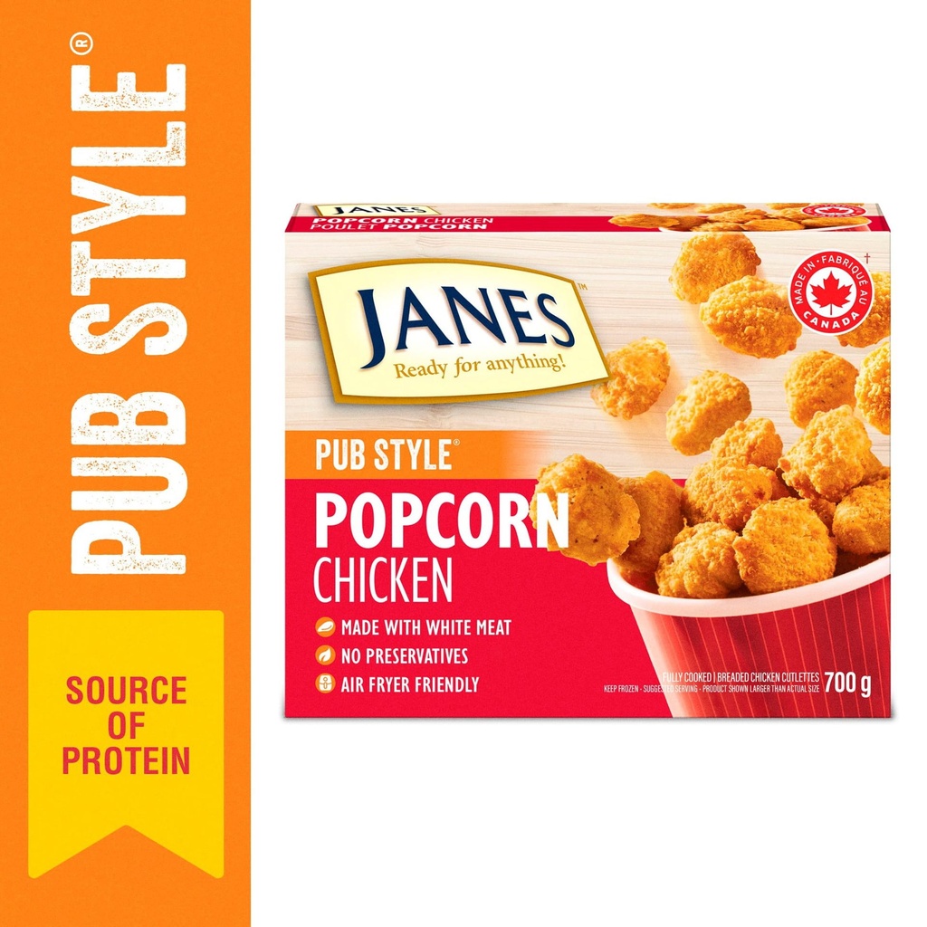 Poulet popcorn de style pub Janes®, 700 g, bouchées de poulet panées et congelées. Contient : Viande blanche. 700g