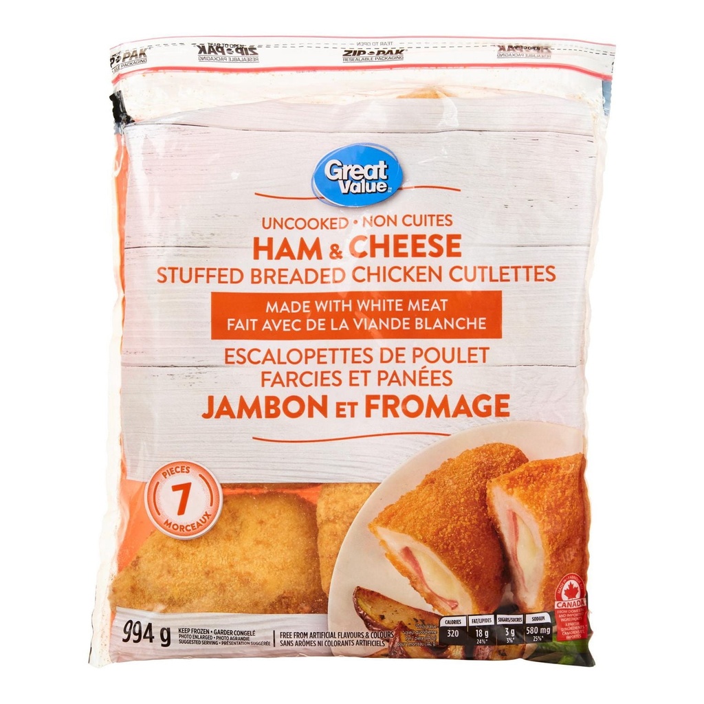 Great Value Escalopes de Poitrine de Poulet Panées Farcies au Jambon et au Fromage 994g