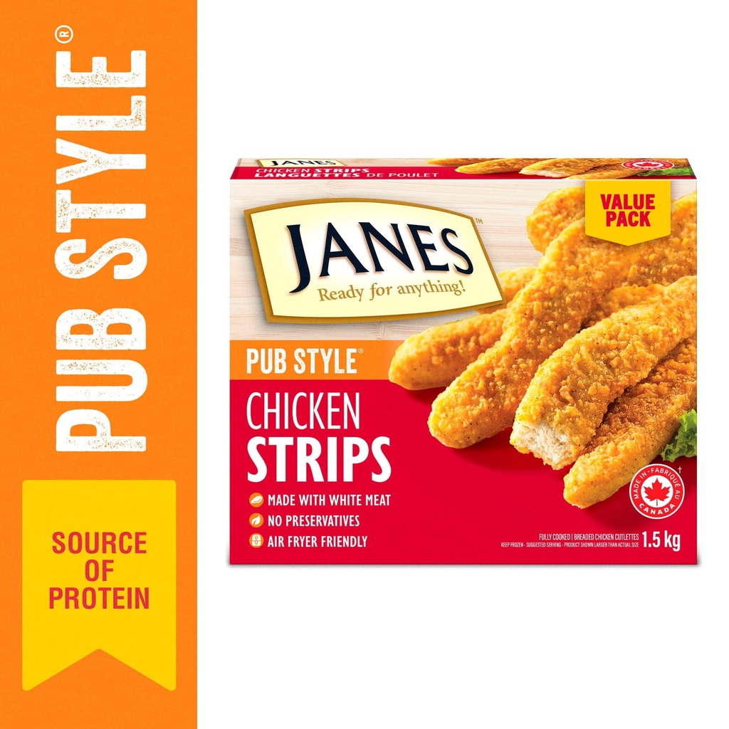 Languettes de poulet de style pub Janes® dans un emballage économique, 1,5 kg, escalopes de poulet panées et congelées. Contient : Viande blanche. 1.5 kg