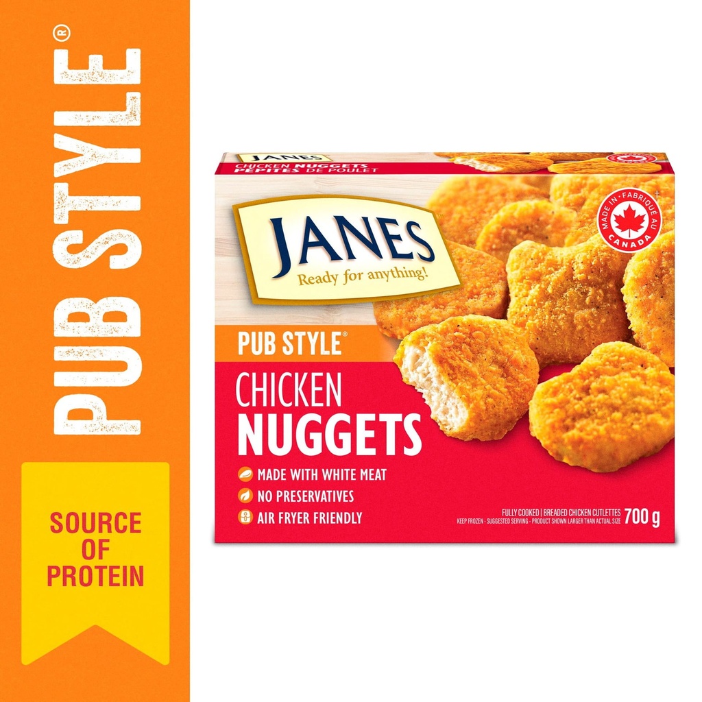 Pépites de poulet de style pub Janes®, 700 g, pépites d’escalopes de poulet panées et congelées. Contient : Viande blanche. 700g