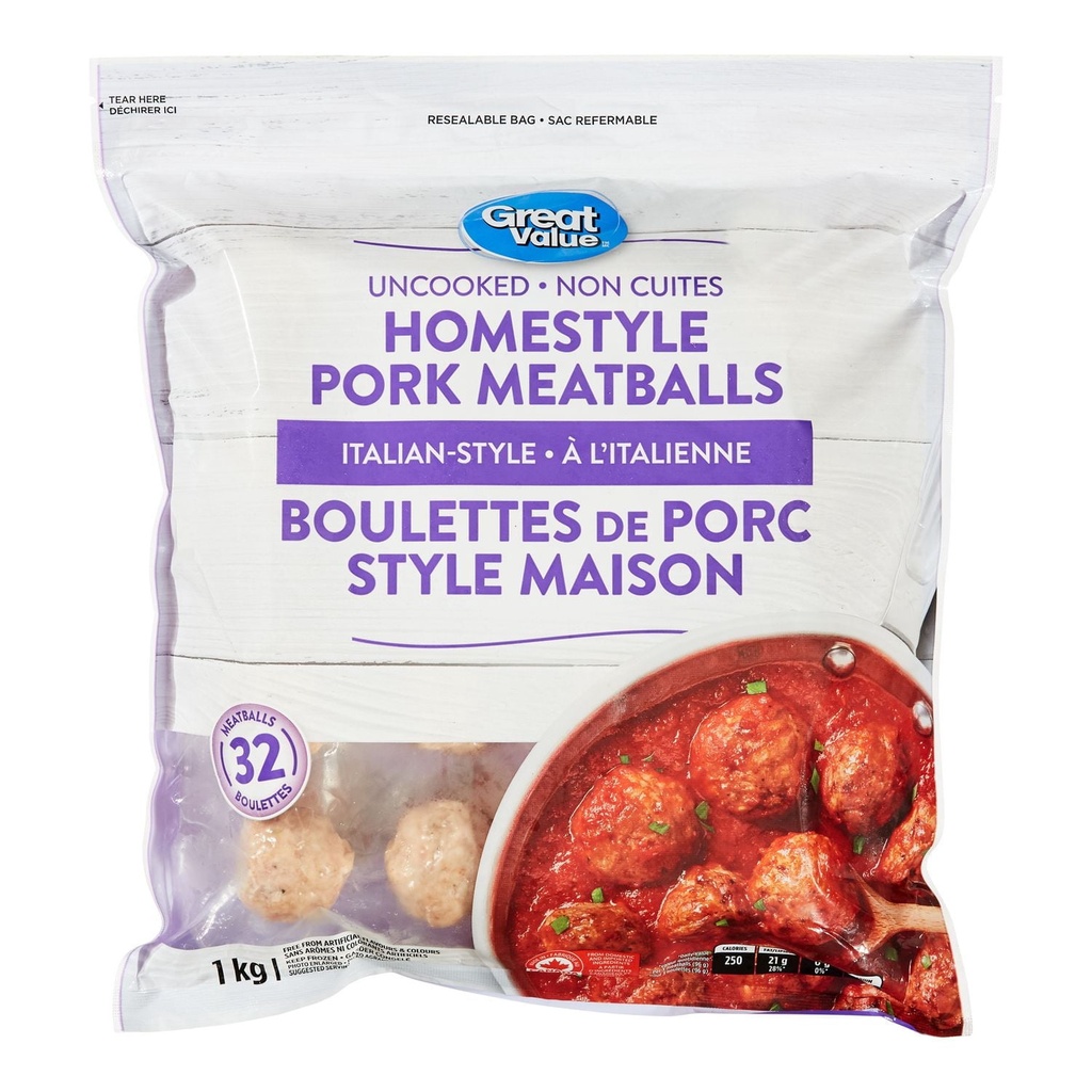 Great Value Boulettes de Porc Style Maison à l'Italienne Non Cuites 1 kg