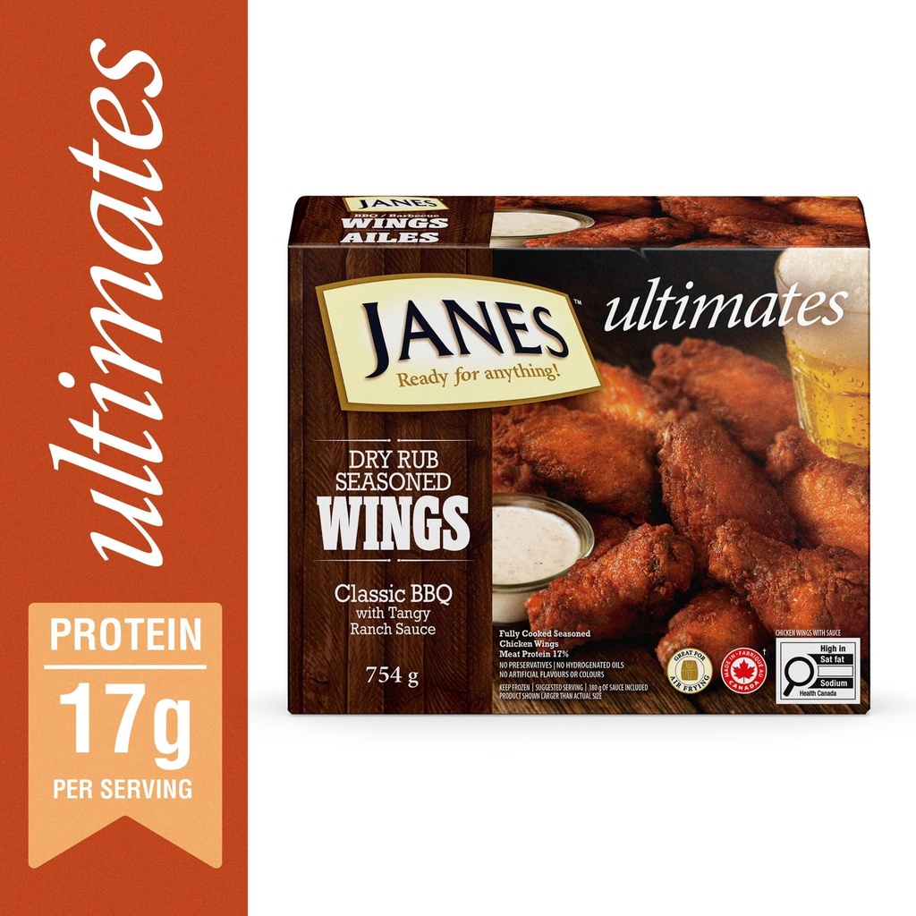 Ailes de poulet ultimes Janes® assaisonnées à la marinade sèche barbecue classique, 754 g, ailes de poulet congelées. Contient : Viande blanche. Ailes de poulet, 754g