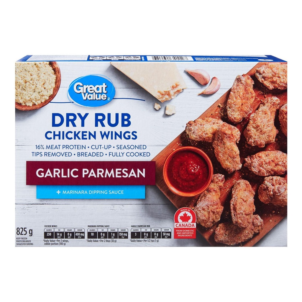 Ailes de poulet surgelées Great Value à assaisonnement sec ail et parmesan 825 g
