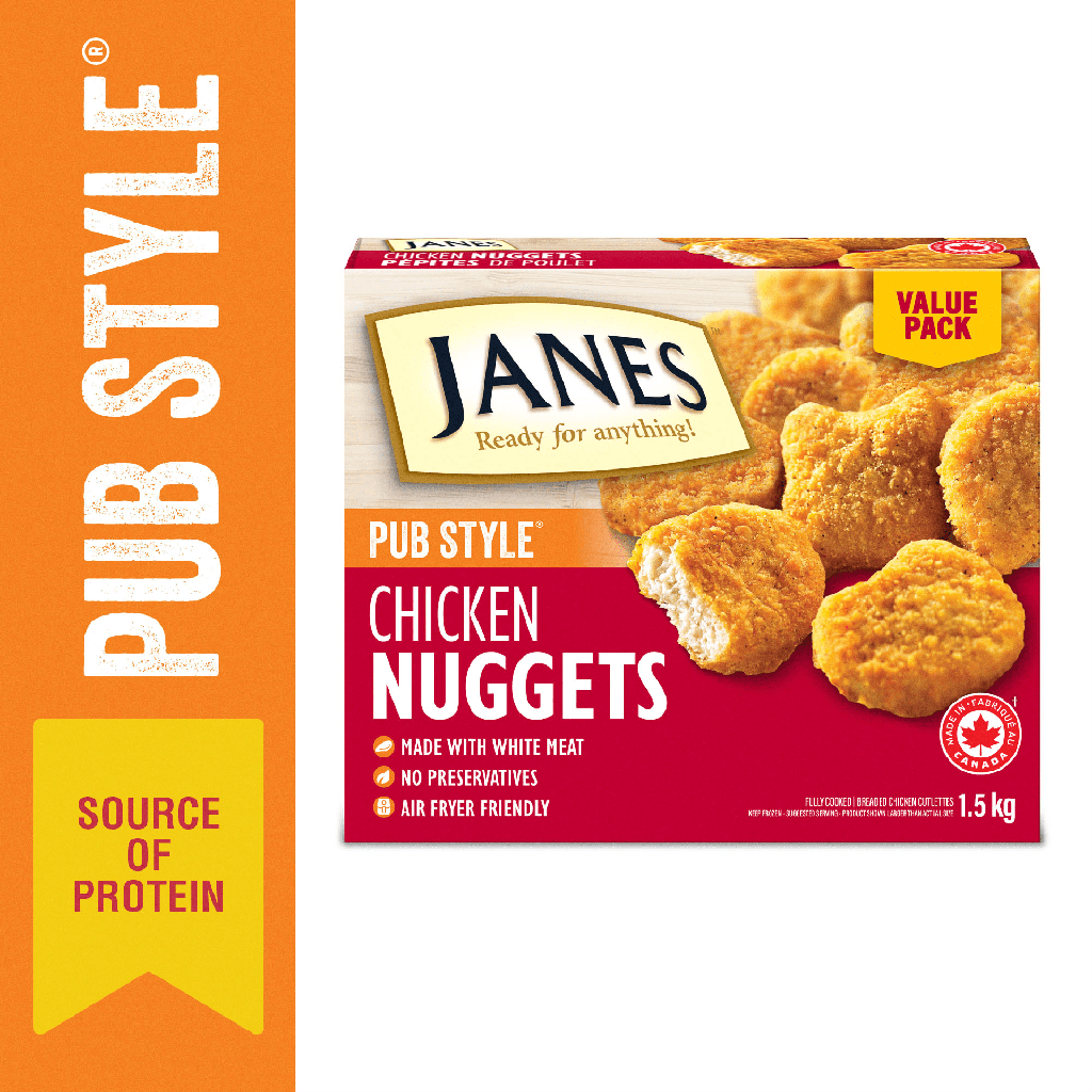 Pépites de poulet de style pub Janes® dans un emballage économique, 1,5 kg, pépites de poulet panées et congelées. Contient : Viande blanche. Nuggets de poulet style pub Janes format familial