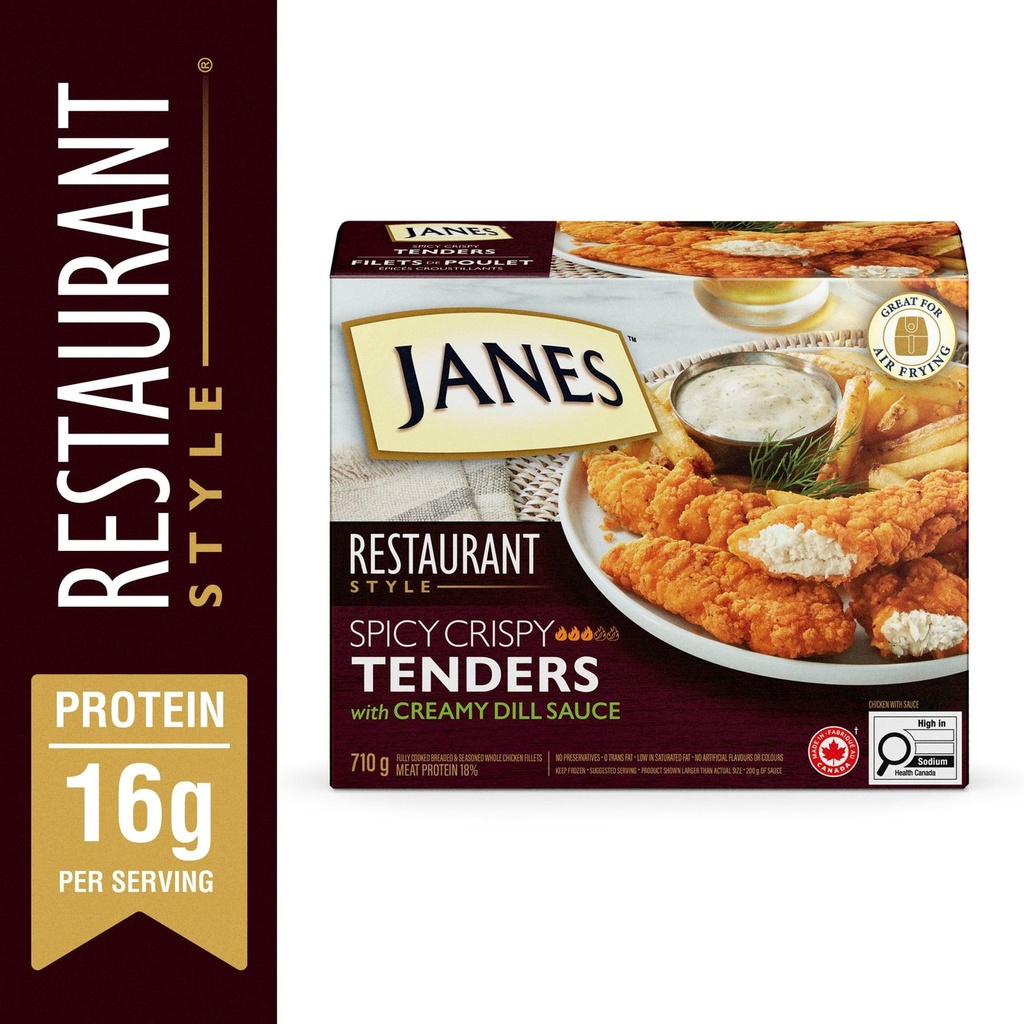Filets de poulet épicés et croustillants comme au restaurant Janes® avec une sauce crémeuse à l’aneth, 710 g, filets de poulet panés et congelés. Contient : Viande blanche. JANES POULET EPICE