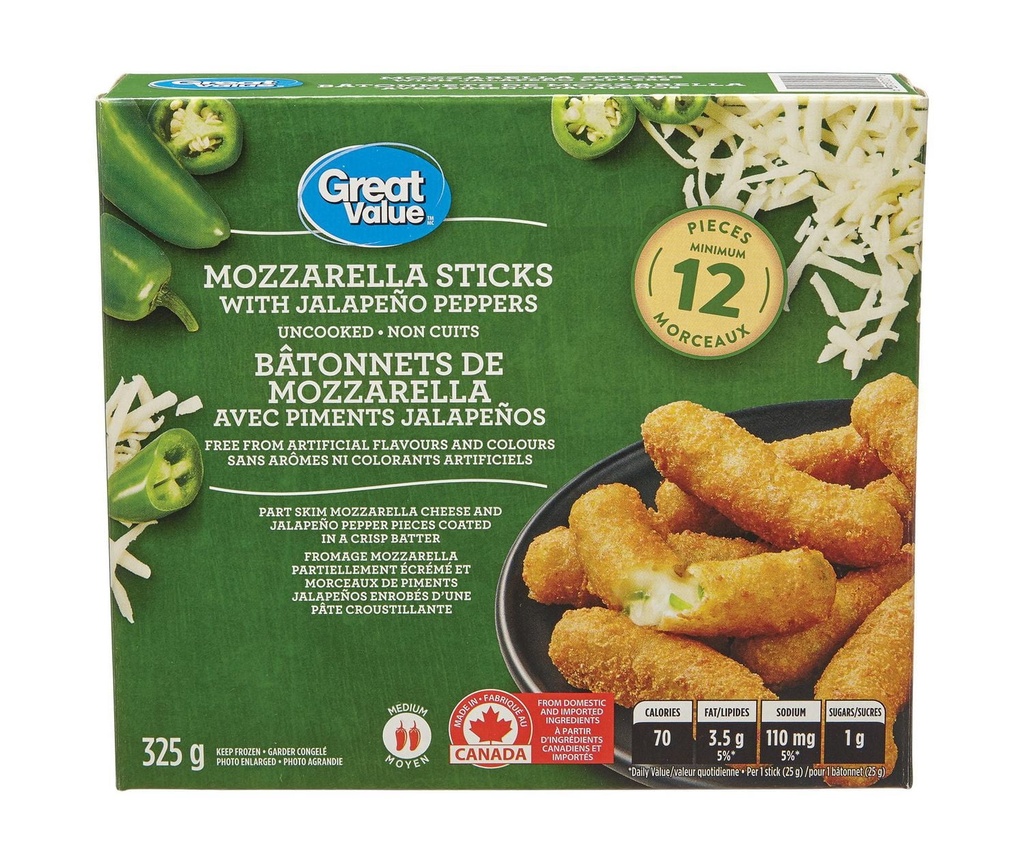 Great Value Bâtonnets de Mozzarella Surgelés Farcis aux Piments Jalapeños hors-D'œuvre 12 Morceaux, 325g