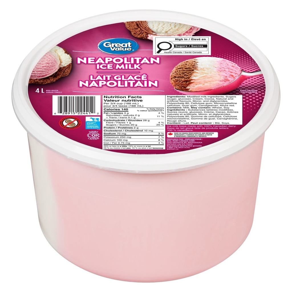 Great Value Lait Glacé Napolitain en Bac 4L