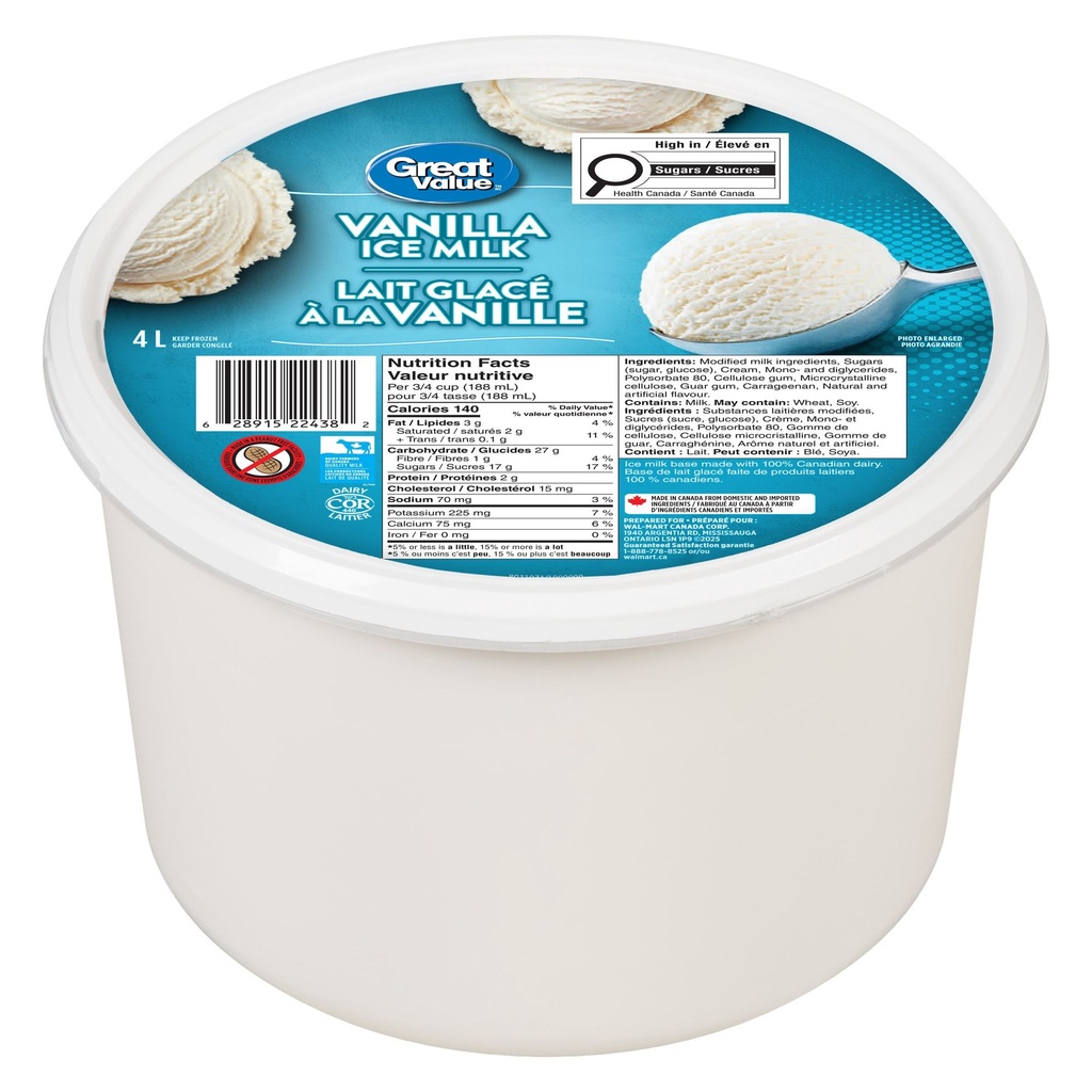 Great Value Lait Glacé à la Vanille dans un Bac 4L