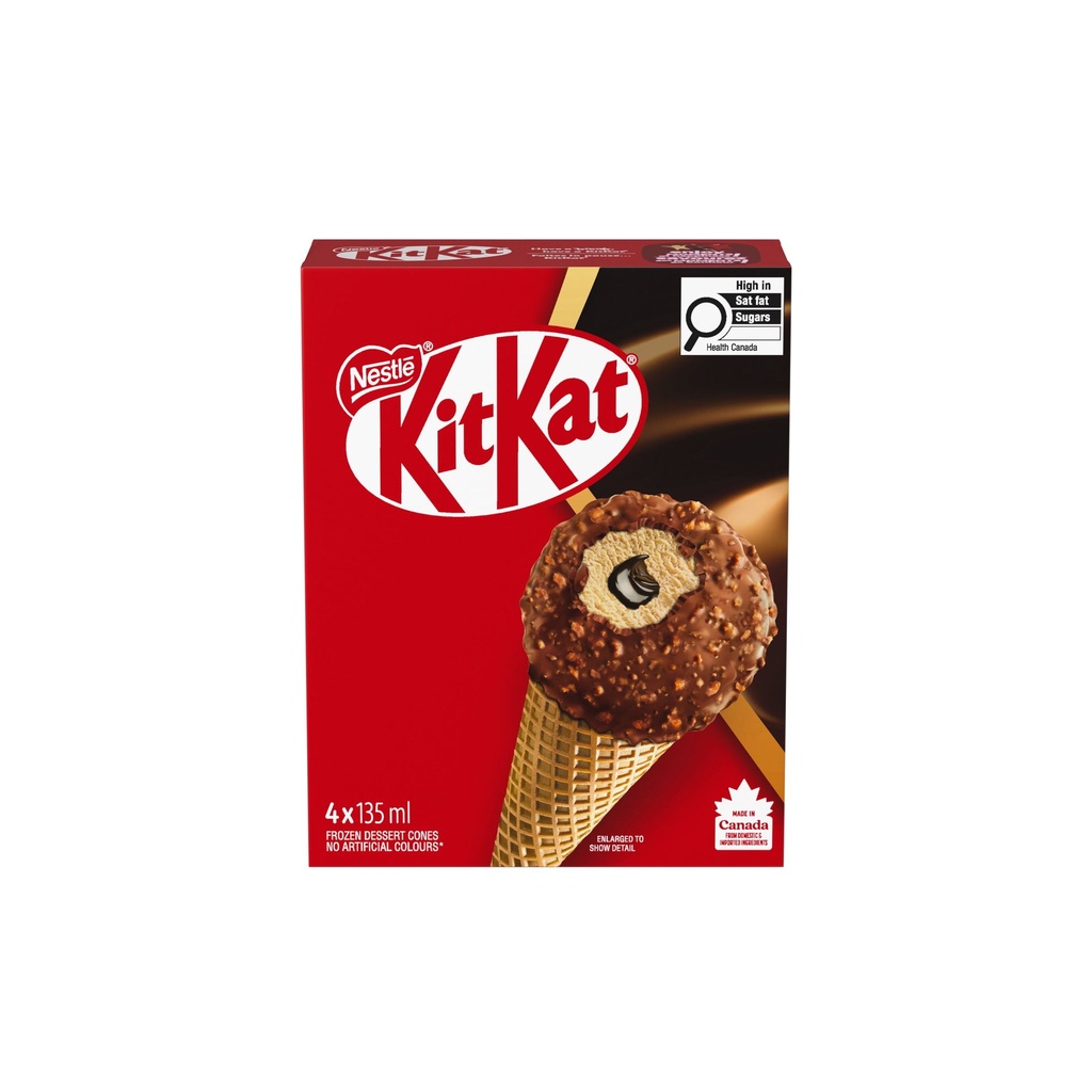 KITKAT Cornets, dessert glacé à saveur de gaufrettes, centre au fondant, enrobage chocolaté croustillant, cornet gaufre 4 x 135 ml