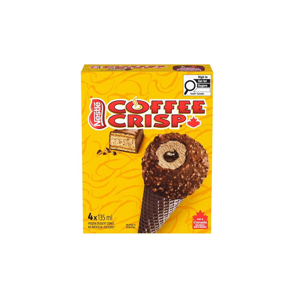 Nestle COFFEE CRISP Cornets, dessert glacé au café, centre au fondant, enrobage chocolaté aux gaufrettes croustillantes 4 x 135 ml