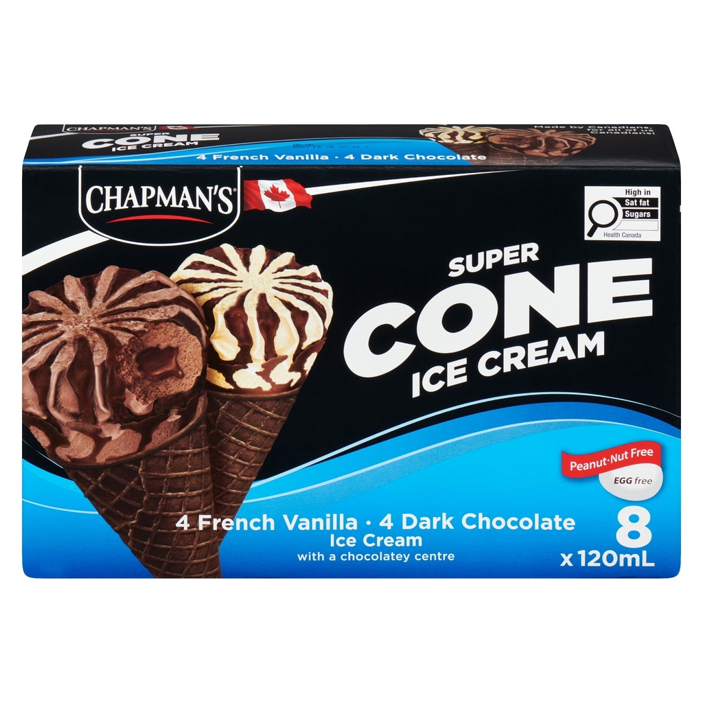 Crème glacée Chapman's Chapman's Cornet de Crème Glacée Super à la Vanille Française & au Chocolat Noir en Boîte 8 x 120mL