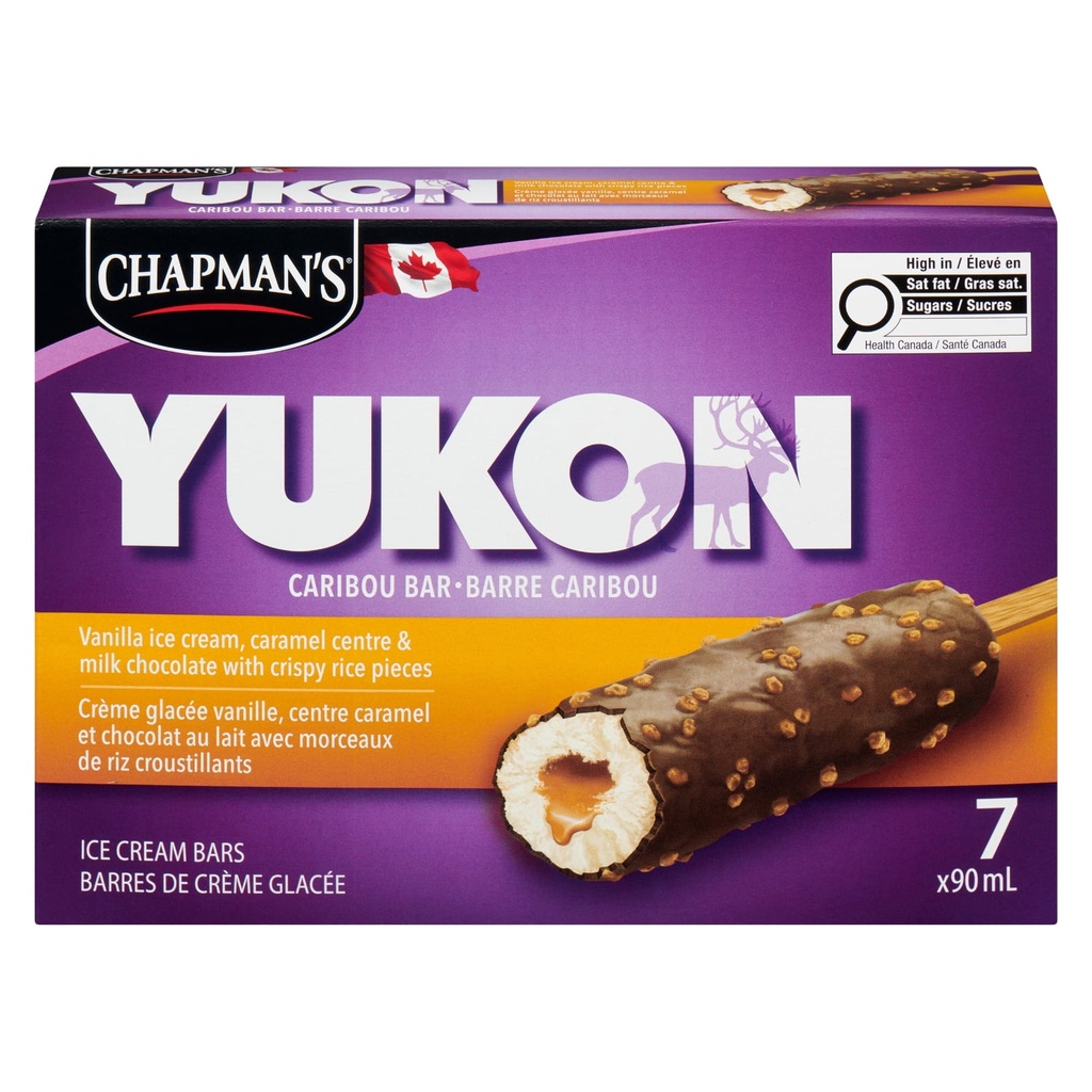Crème glacée Chapman's Chapman's Yukon Caribou Vanille, Caramel & Chocolat au Lait avec Morceaux de Riz Croustillants Barre de Crème Glacée en Boîte 7 x 90mL