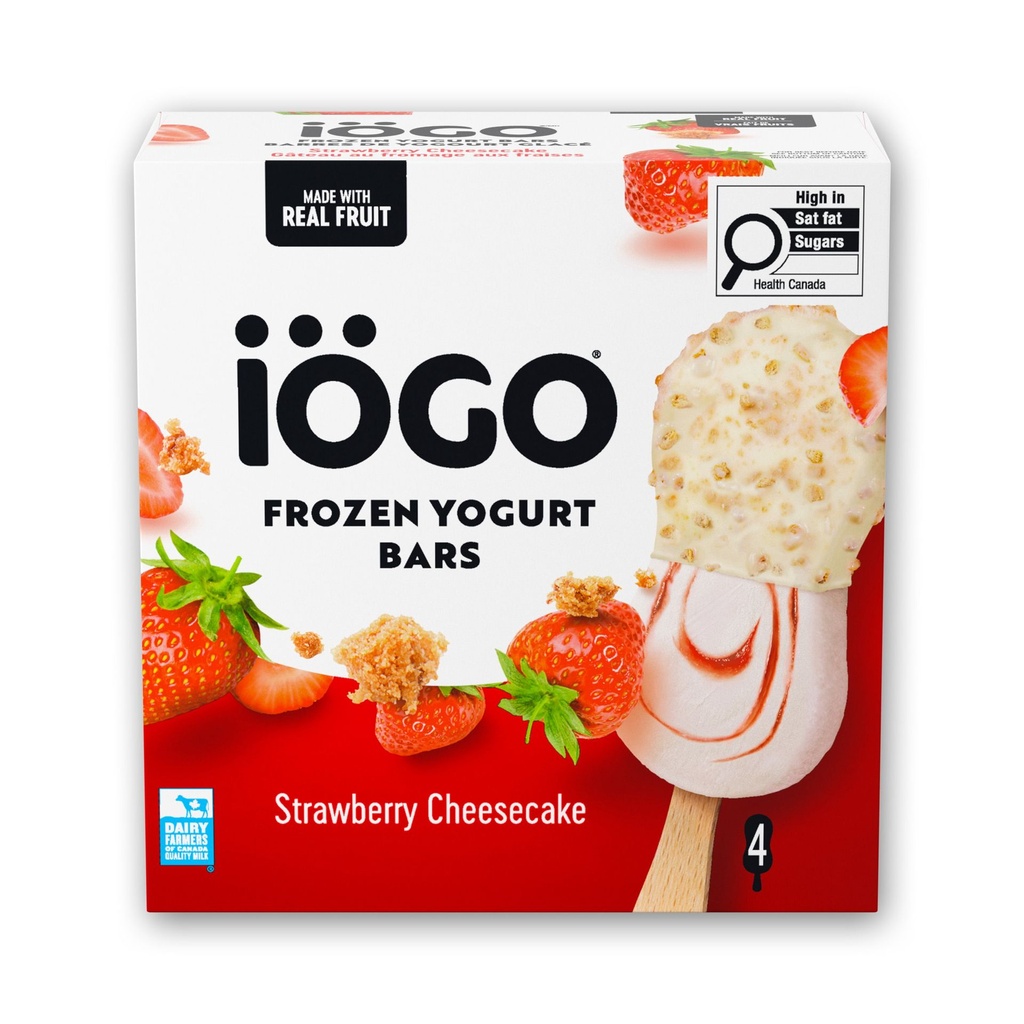 IÖGO Barres de yog. gl., Gât. from. aux fraises, à moitié trempées enr. de choc. blanc 4 x 80 ml