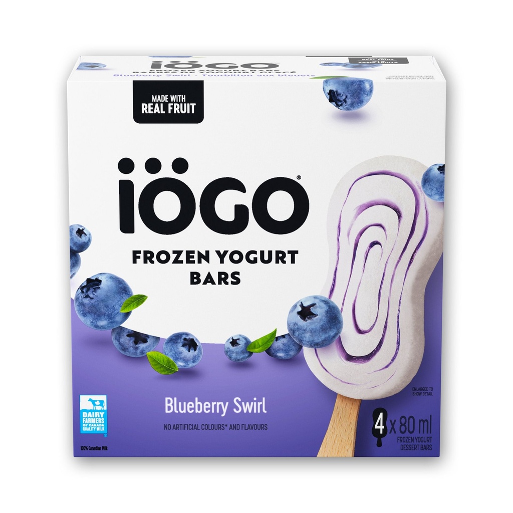 IÖGO Barres de yog. gl., Tourb. bleuets, vrais fruits et prod. lait., 100 cal. 4 x 80 ml