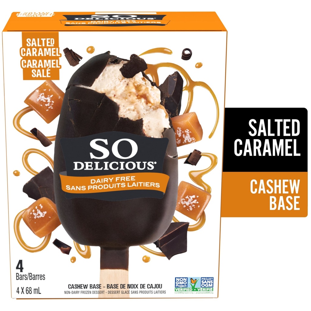 So Delicious sans produits laitiers So Delicious à Saveur de Caramel Salé, Sans Gluten, Sans Produits Laitiers, Barres Glacées à Base de Noix de Cajou 4x68 ml
