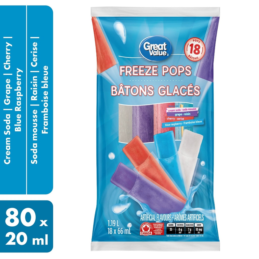 Bâtons glacés Great Value - Soda mousse, Raisin, Cerise, Framboise bleue - 18 x 66&nbsp;ml