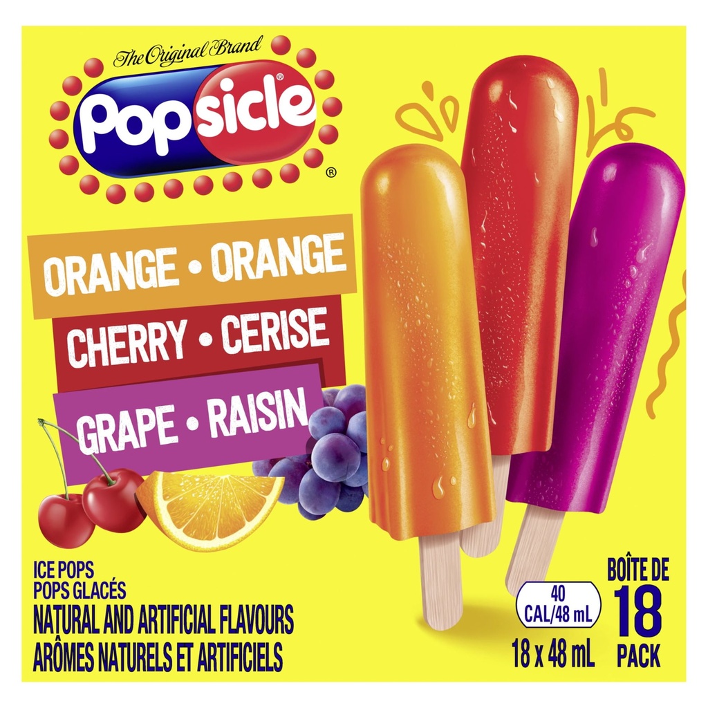 Popsicle Pops Glacés Orange, Cerise et Raisin 18 x 48 ml