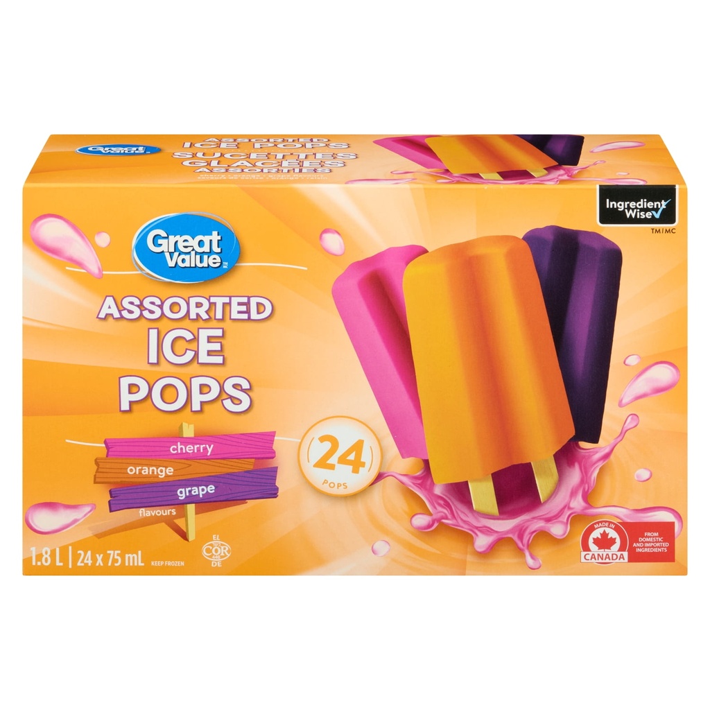 Great Value Sucettes Glacées Assorties Emballées dans une Boîte 24 x 75 ml (1.8L)