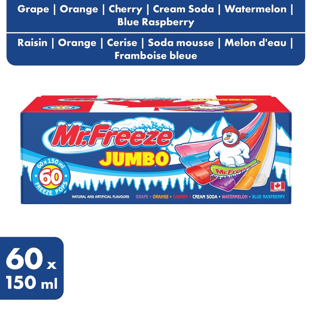 Bâtons glacés géants Mr. Freeze - Raisin, Orange, Cerise, Soda mousse, Melon d’eau, Framboise bleue - 60 x 150 ml