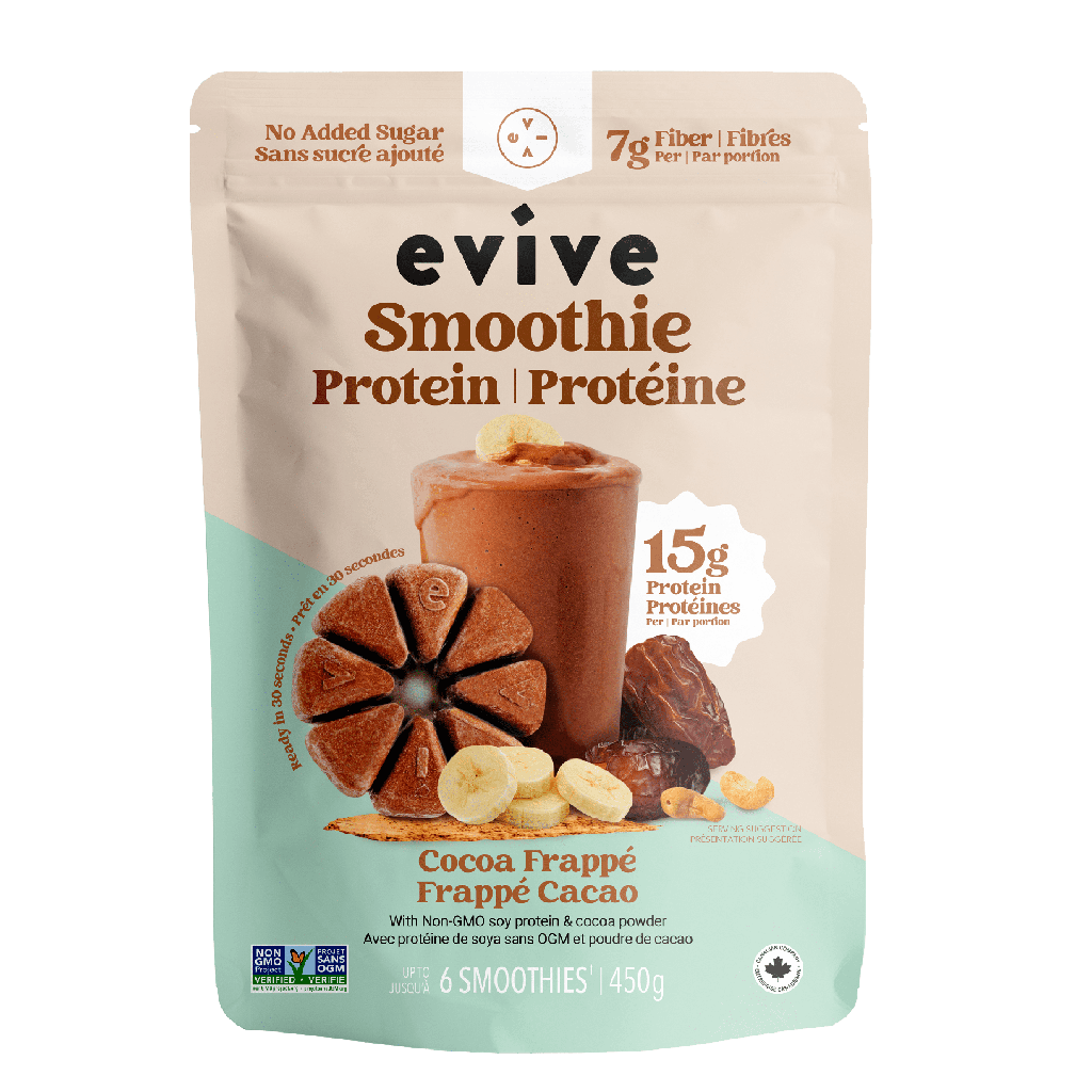 Evive Smoothie Protéiné en Cubes - Frappé Cacao, 450g, Végétalien, Sans OGM, Cubes Surgelés, Mélange (banane, fruits mélangés, noix de cajou etc.) Evive Smoothie Protéiné en Cubes - Frappé Cacao, 450g