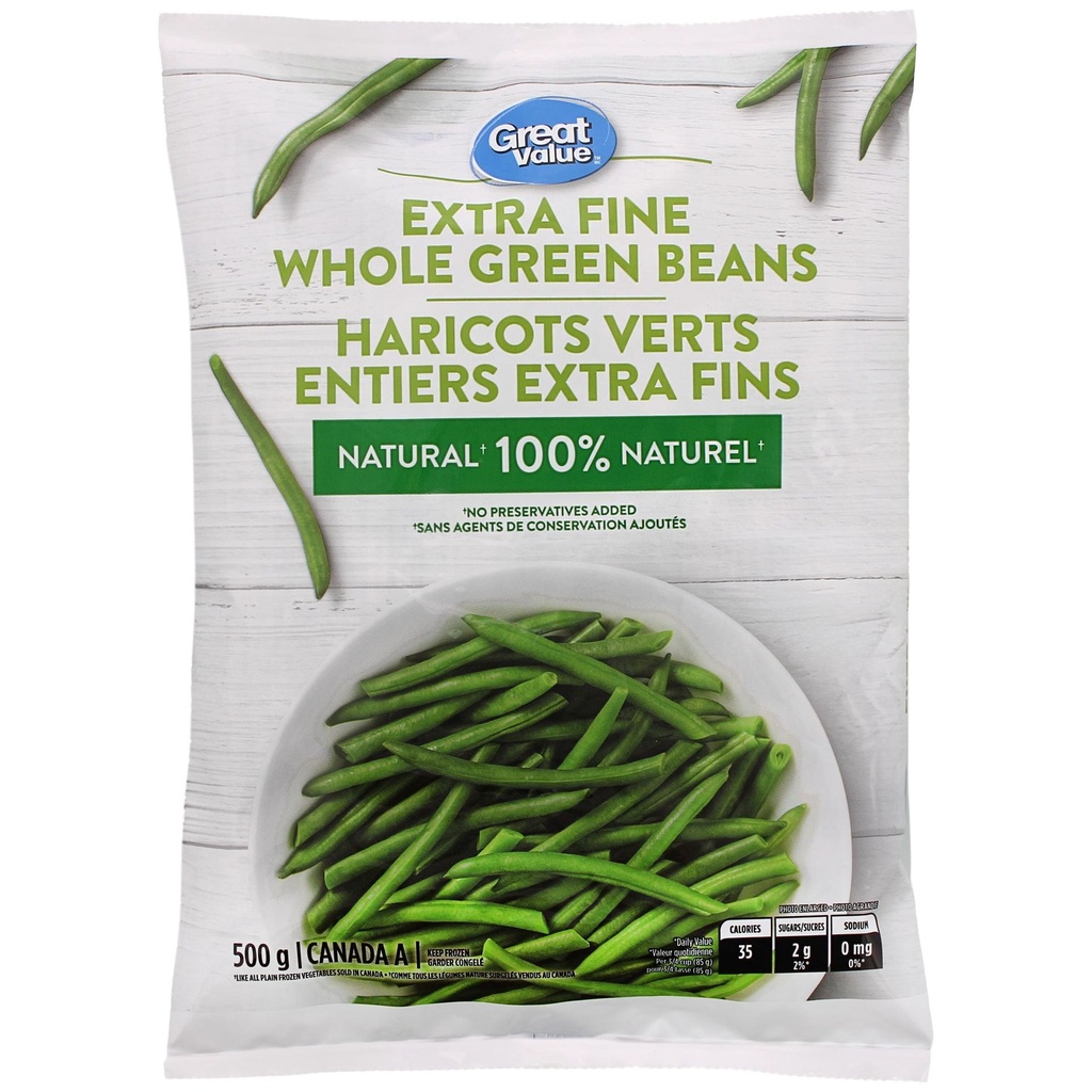 Haricots verts entiers extra fins Great Value 500&nbsp;g