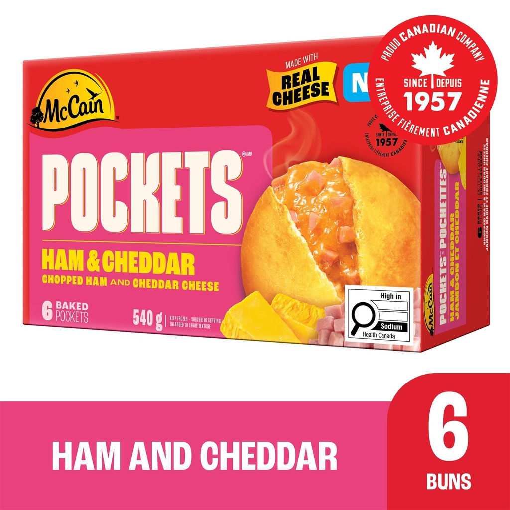 McCain® Pochettes® Jambon & Cheddar, Fabriqué au Canada à Partir d'Ingrédients Nationaux et Importés 6 x 90 g