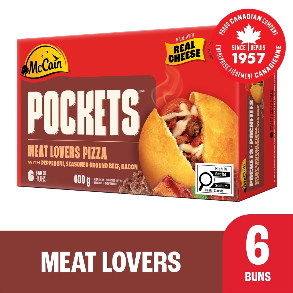 McCain® Pizza Pockets® Pizza Pockets Amateurs de Viande, Fabriqué au Canada à Partir d'Ingrédients Canadiens et Importés 6 x 100g
