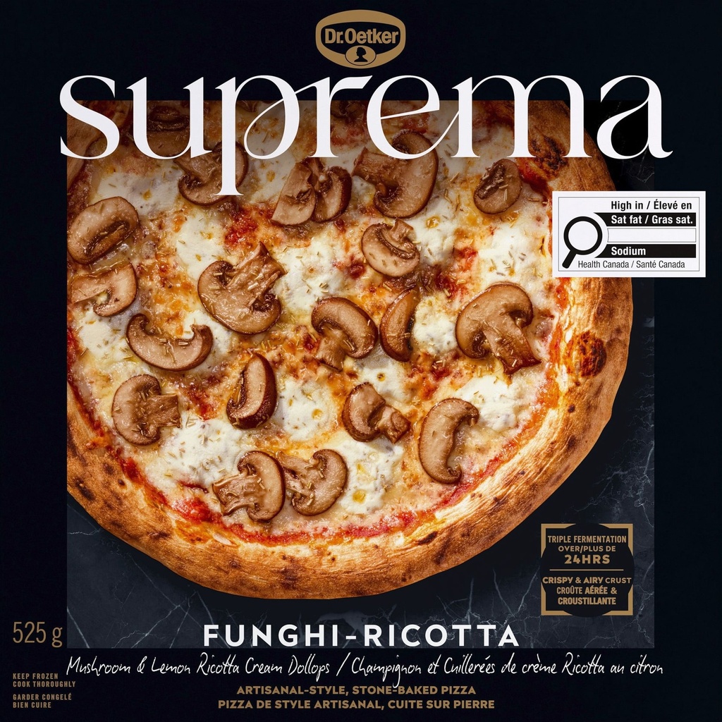 Pizza surgelée Suprema Champignon et Cuillerées de crème Ricotta au citron Suprema Champignon et Cuillerées de crème Ricotta au citron 525g