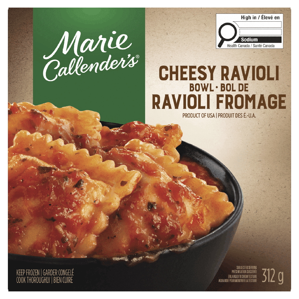 Marie Callender's Bol de ravioli au fromage Marie Callender’s, Ravioli farci de produit de style fromage ricotta, et de fromages mozzarella, parmesan et romano dans une sauce marinara Repas Surgelé, 312g
