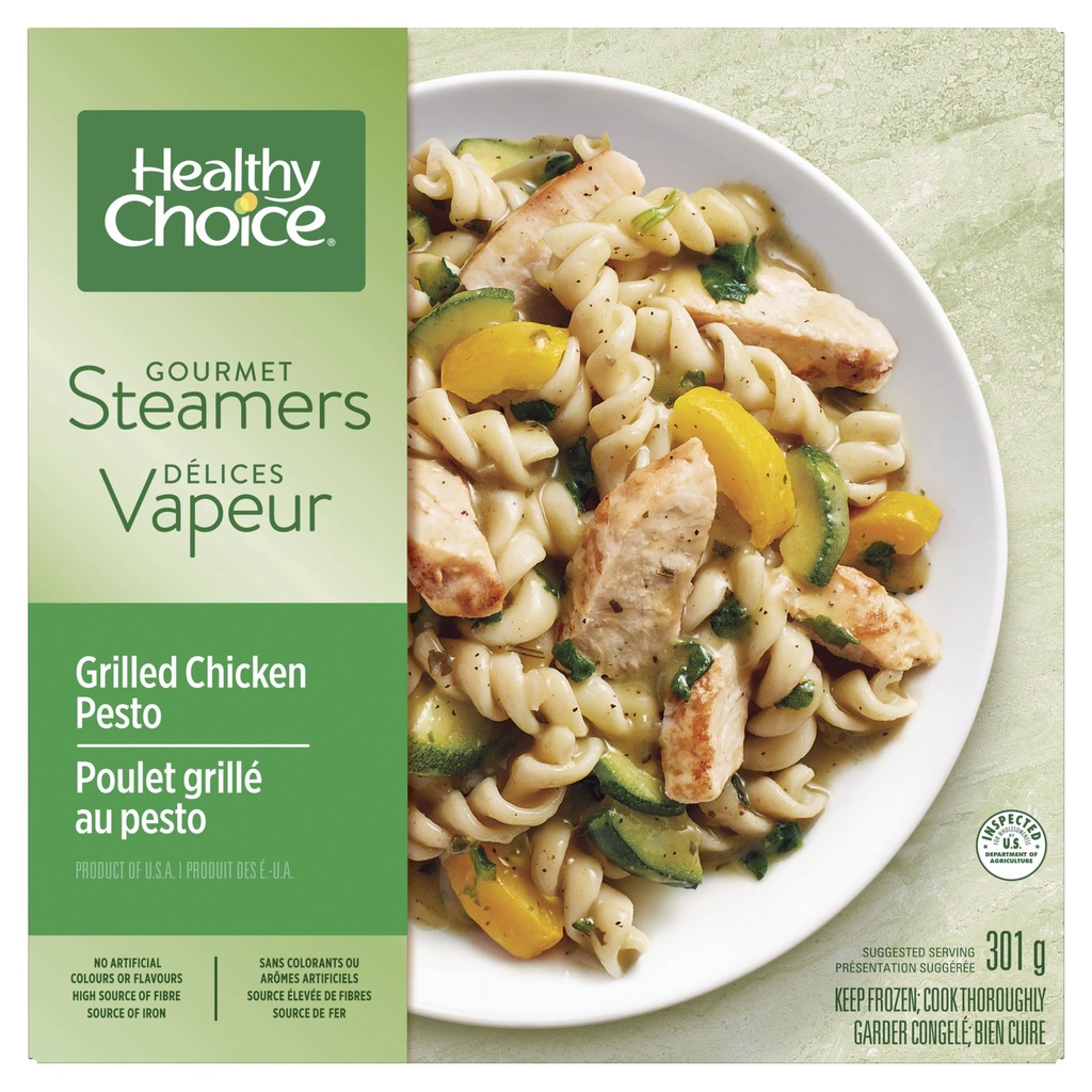 Healthy Choice Gourmet Steamers Healthy Choice Repas surgelé Délices Vapeur Poulet grillé au pesto avec poitrine de poulet, pâtes, zucchini et sauce au pesto, sans arômes artificiels, sans agents de conservation Repas surgelé, 301g