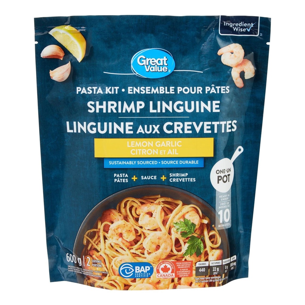 Ensemble pour pâtes Linguini aux crevettes au citron et à l’ail Great Value 600g