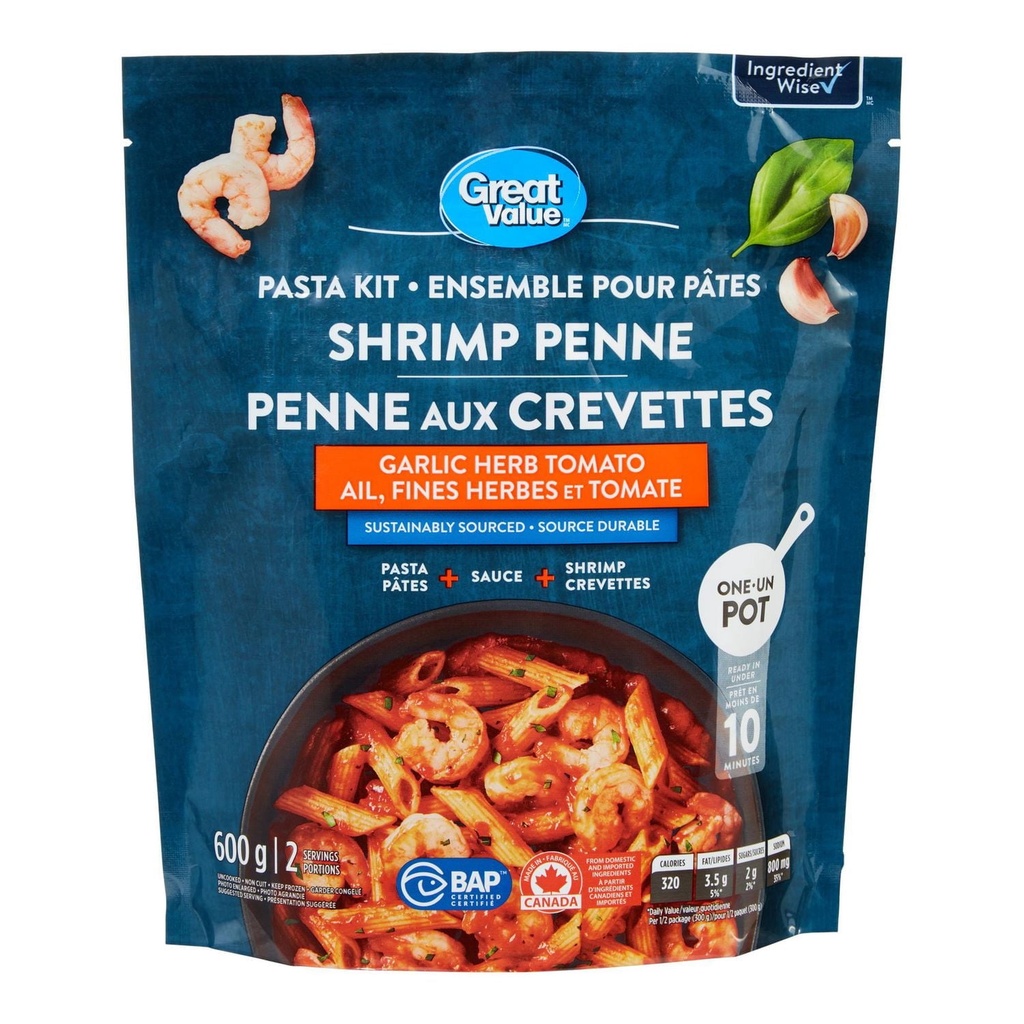 Ensemble pour pâtes Penne aux crevettes à l’ail, aux fines herbes et à la tomate Great Value 600g